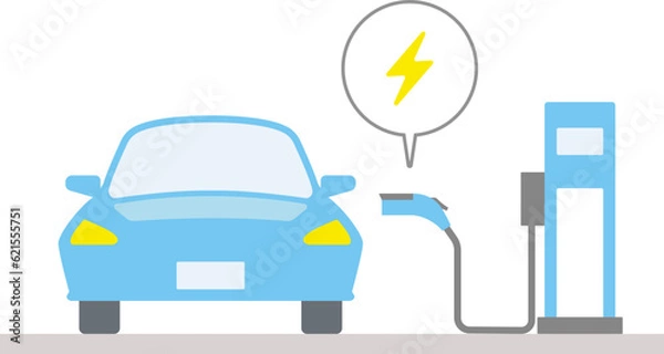 Obraz 電気自動車が充電スタンドで充電する様子を正面から描いたイラスト