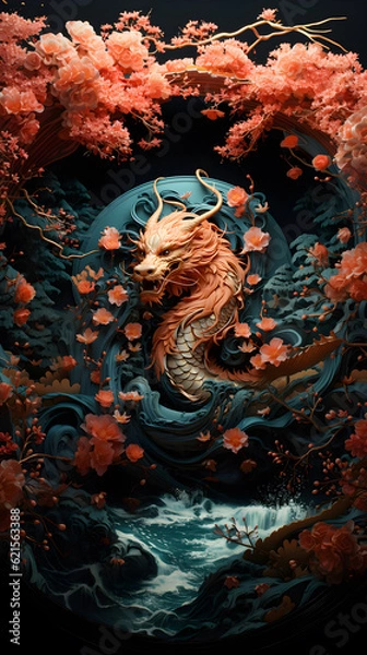 Fototapeta Generative AI, 12 zodiac is represent by using animals to be symbol including Rat, Ox, Tiger, Rabbit,  Dragon, Snake, Horse, Goat, Monkey, Rooster, Dog and pig. image style paper sculptures
