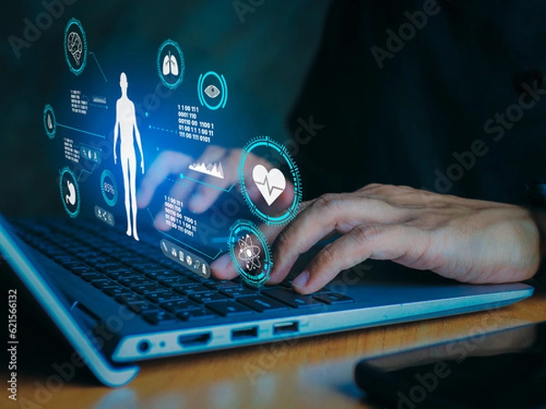 Fototapeta Digital Health Dashboard Monitoring Vital Signs.IoT Medical Devices Connected Health Monitoring.Health Data Privacy Lock and Key Protecting Medical Information.