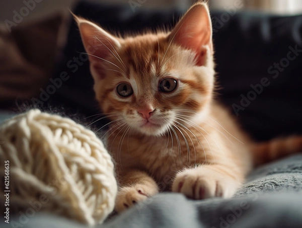 Fototapeta Cute and adorable kitten playing with a ball of yarn on a sofa with pillows and blankets. Cute scottish straight kitten playing with balls of yarn. Realistic 3D illustration. Generative AI