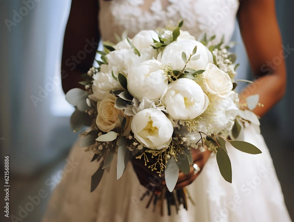 Fototapeta Bride holds a beautiful bouquet with white peony rose flowers and eucalyptus, African American female, brown skin, close up photo created with generative AI