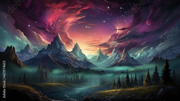 Fototapeta A landscape painting with wind blown clouds in the sky. In the style of colorful animation stills. For Backgournd. Generative Ai.