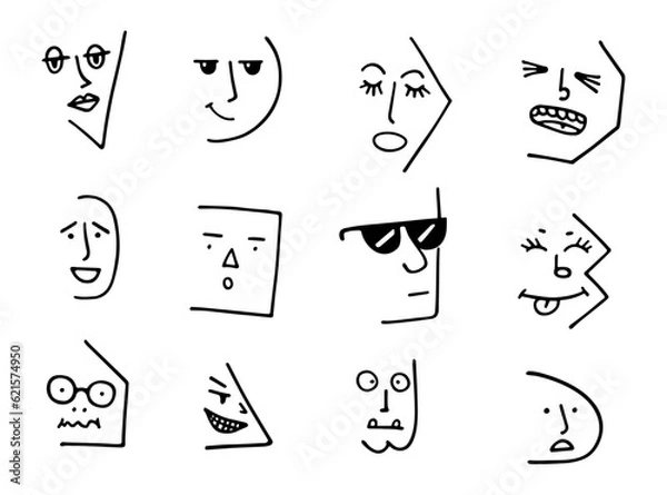 Fototapeta Geometrical abstract comic Faces with various Emotions. Crayon pen drawing style. Different shape characters. Cartoon style. Flat design. Hand drawn trendy Vector illustration.