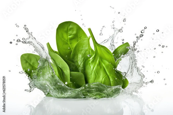 Fototapeta Pile of fresh green baby spinach leaves with water splash isolated on white background. (ai generated)