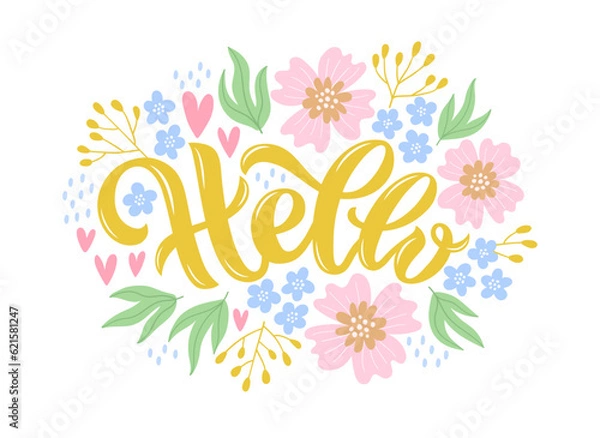 Fototapeta Vector illustration of lettering with flowers for postcards, stickers, banners or posters. Creative typography on a white background with decorative elements. Trendy spring or summer designer print.