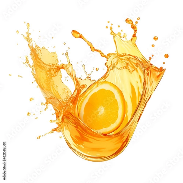 Fototapeta Orange juice splash isolated on transparent background, fruit juice crown splash and wave swirl with drops, Shiny yellow liquid splashing fluids  droplets, fresh drink, clear beverage, generative ai
