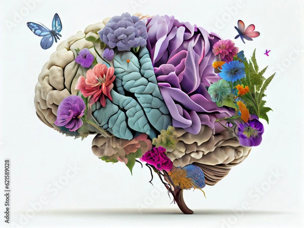 Fototapeta Conceptual image of a flowering human brain, on an isolated background. Generative AI