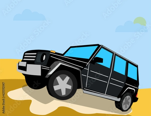 Fototapeta Black SUV, mountains and desert. For your design