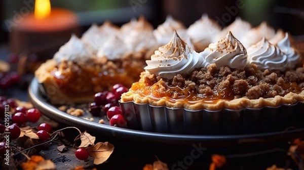 Fototapeta Pumpkin pie with whipped cream on dark autumn background. AI generated