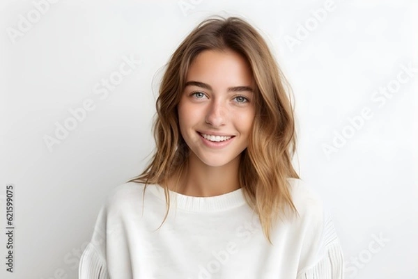Obraz Happy young woman on a white wall isolated over white background Generative AI