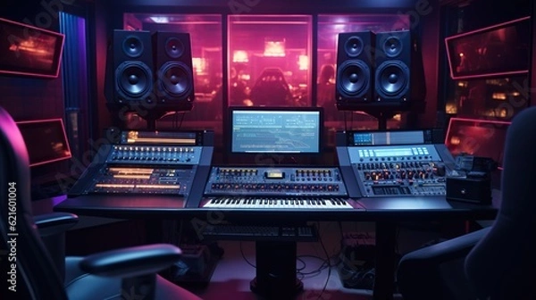 Fototapeta Modern interior of professional recording studio with music production equipment, sound mixing console, digital control panel for audio record industry