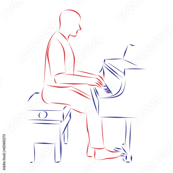 Obraz Continuous line drawing of a man playing the piano, showing the correct position for study and play, isolated on white. Hand drawn, vector illustration