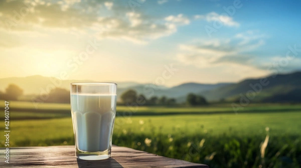 Fototapeta A glass of cow's milk on the background of the mountains of the new quality universal colorful festive image design illustration, generative ai