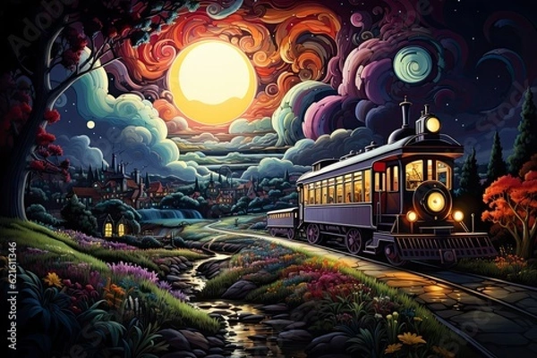 Obraz A colorful abstract illustration of a train departs the city, journeying through surreal landscapes enriched with vibrant colors and dreamlike unreality. Sunset time. Generative Ai. 