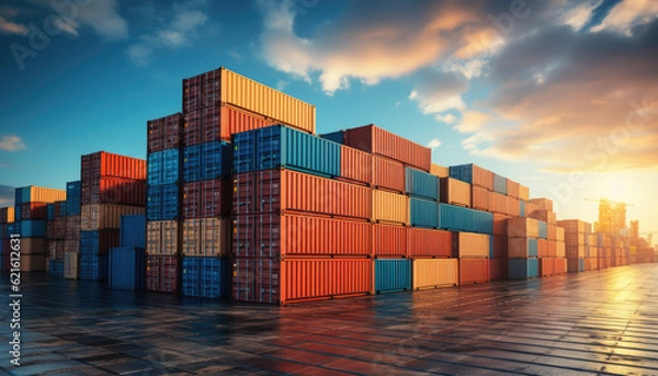 Fototapeta Stack of blue container boxes with sky background. Cargo freight shipping for import and export logistics