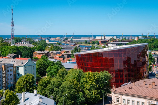 Fototapeta Liepaja, Latvia - June 29, 2023: aerial view of the city centre of the Liepaja city with historical buildings and the Concert Hall Great Amber
