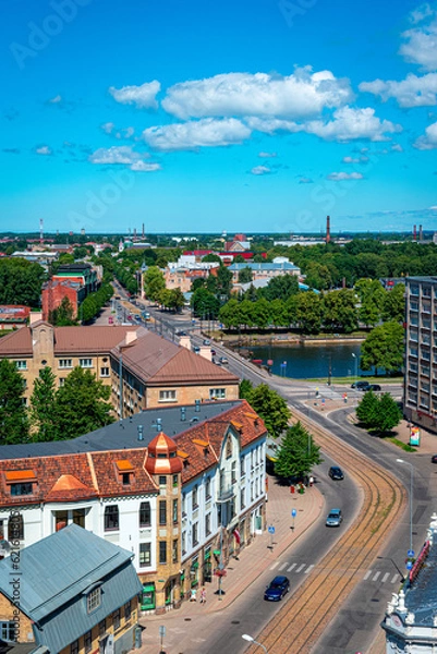 Obraz Liepaja, Latvia - June 29, 2023: aerial view of the city centre of the Liepaja city with historical buildings and traffic in the city