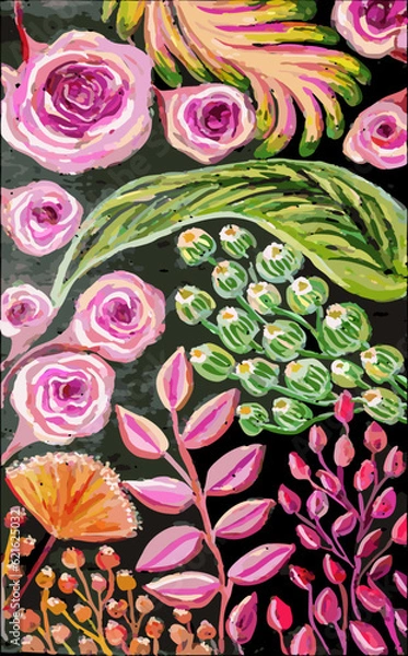 Obraz This beautiful floral illustration dazzles with its springtime charm, showcasing a bouquet of fully bloomed flowers