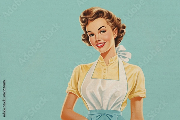 Obraz Paper textured vintage style illustration of cheerful young woman with apron isolated on blue background. Happy housewife of the 1950s concept. Copy space for text. Made with generative AI.
