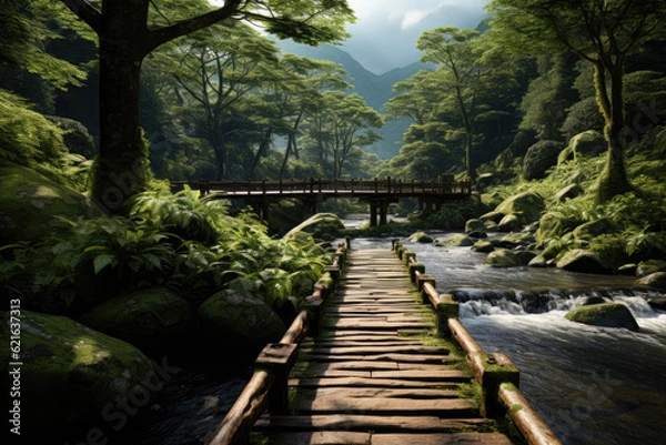 Obraz Explore the tranquility of a wooden bridge amidst a forest, inviting you to take a peaceful stroll surrounded by nature's beauty.Generative Ai, Ai.