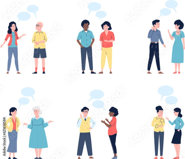 Fototapeta Conversation people on meeting. Formal and casual couple talking, students and adults chatting. Discussion and dialogue, recent vector characters