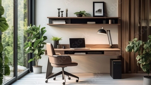 Fototapeta An organized and stylish home office with a modern desk and ergonomic chair, generative ai