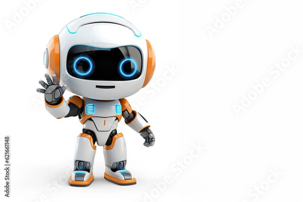 Fototapeta Cute little robot waving hello on white background with copy space. Generative ai and digital editing.