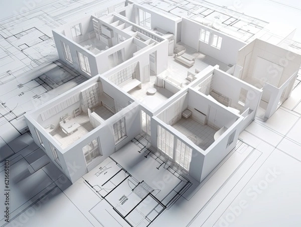 Obraz Computer cad 3d rendering of a house plan, mockup of house design in 3d, cad drafting in revit or autocad, AI
