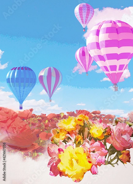 Obraz hot air balloons in the sky and flowers in the field