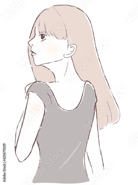 Obraz 斜め上を見上げる　何かを探してる　ビルのモニターのニュースを見つめる女性　背中が大きく空いたニュアンスカラーのワンピースを着た若い女性