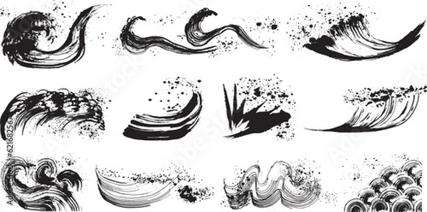 Obraz 波　波しぶき　手書きの毛筆イラスト