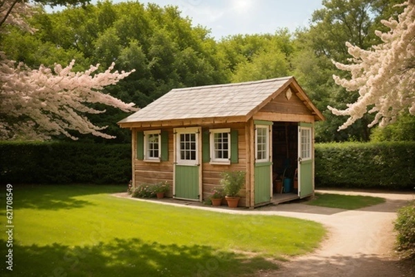 Obraz Detail of a rustic garden shed among flowering trees