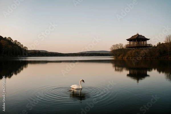 Obraz A solitary swan gliding on a still lake
