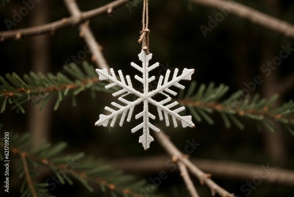 Obraz Detail of a snowflake on a pine branch