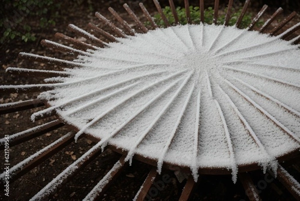 Fototapeta Frost on a rusty garden rake