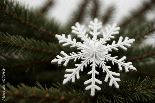 Fototapeta Close-up of a snowflake on a pine needle