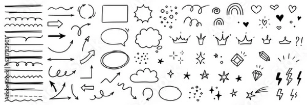 Fototapeta Sketch line arrow element, star, heart shape. Hand drawn doodle sketch style circle, cloud speech bubble grunge element set. Arrow, star, heart brush decoration. Vector illustration