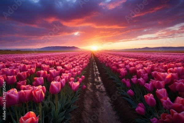 Obraz Fields Of Tulips In Bloom, Generative AI.
