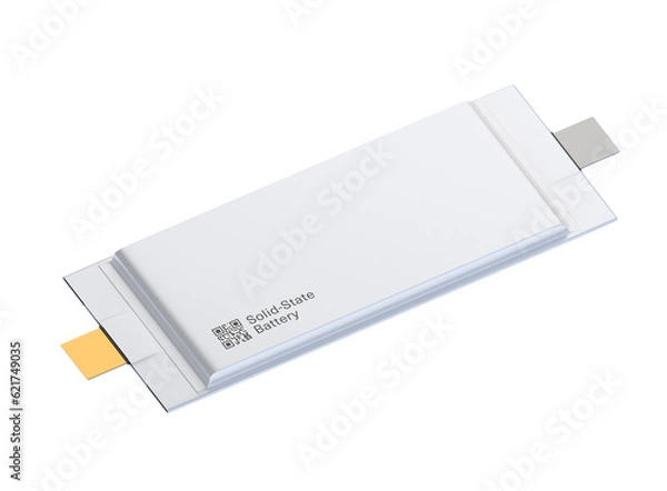 Fototapeta Single Solid-State Battery cell unit with sample QR code on white background. Next Generation Electric Vehicle Battery concept. Generic design. 3D rendering illustration.