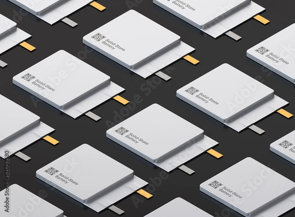Obraz Group of Solid-State Battery cell units with sample QR code on black background. Next Generation Electric Vehicle Battery concept. Generic design. Isometric view.  3D rendering illustration.