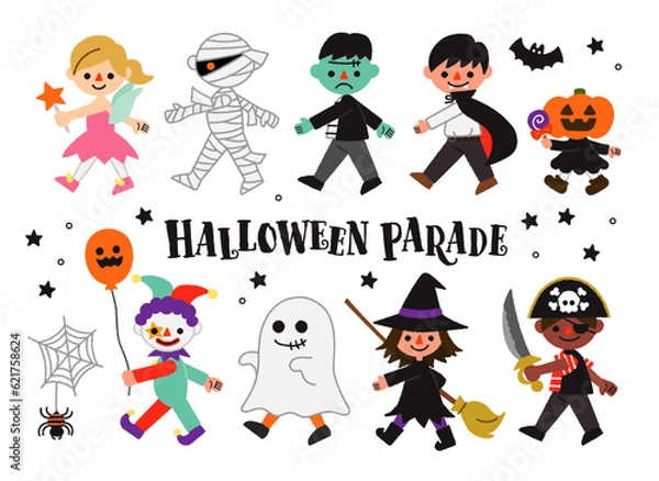 Fototapeta ハロウィンの仮装パレード／ゆるくてかわいい手書きのベクターイラスト