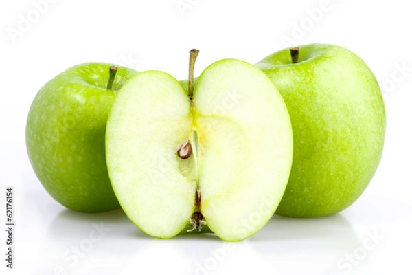 Fototapeta Three green apple with slice isolated on white background