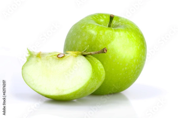 Fototapeta Green apple with a slice on white background