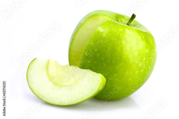 Fototapeta Green apple with cut and slice on white background