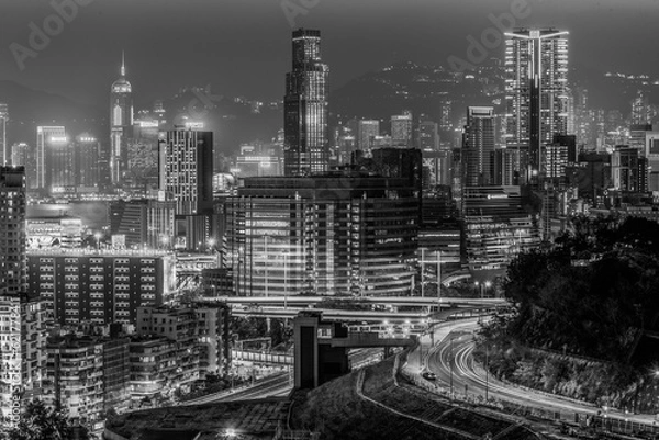 Fototapeta Aerial Night view of the city in Hong Kong  in black and white