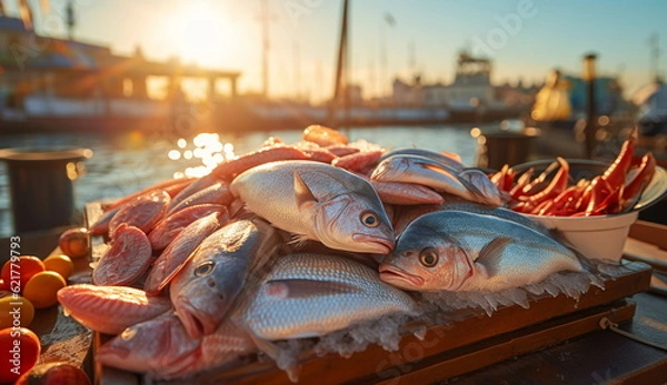 Fototapeta A vibrant scene at the harbor market, where a bustling fish ...