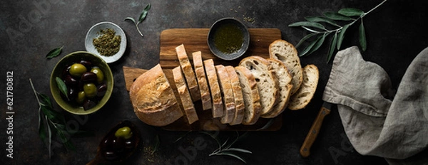 Obraz Ciabatta stock image. Ciabatta bread traditional Italian cuisine. Banner top view