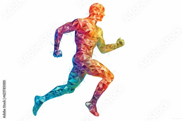 Fototapeta Silhouette of a running man crafted entirely from vibrant and colorful triangles, creating a dynamic prism effect against a clean white background. Ai generated