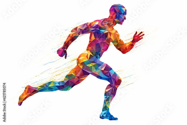 Fototapeta Silhouette of a running man crafted entirely from vibrant and colorful triangles, creating a dynamic prism effect against a clean white background. Ai generated