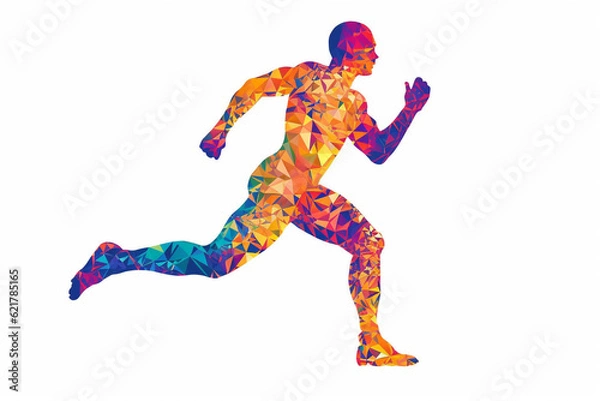 Fototapeta Silhouette of a running man crafted entirely from vibrant and colorful triangles, creating a dynamic prism effect against a clean white background. Ai generated